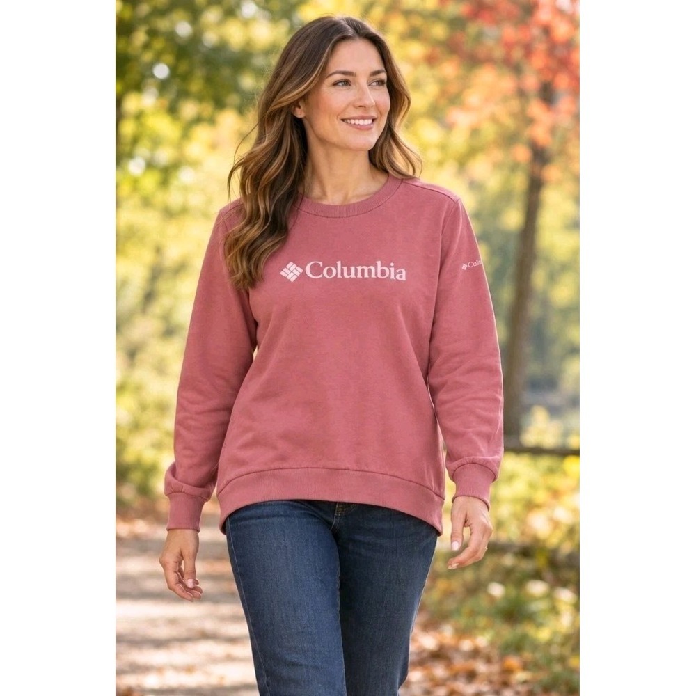 Columbia Womens 1X Logo Crewneck Sweatshirt Pink Sunrise Fleece Casual Comfort